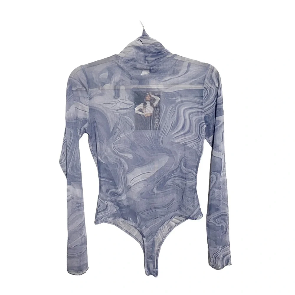 Naked Wardrobe Bodysuit Turtleneck Mesh Long Sleeve Denim Marble Size Small - Picture 2 of 3